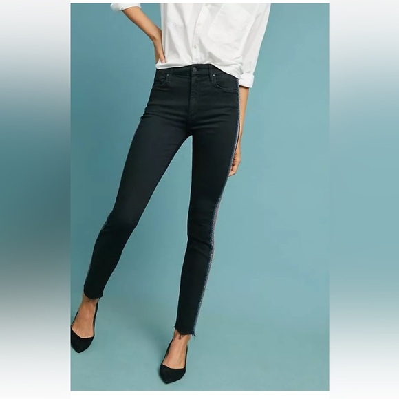 Mother High Waisted Looker Ankle Fray Jeans 27 Black raw hem glam grunge stretch - Picture 1 of 15